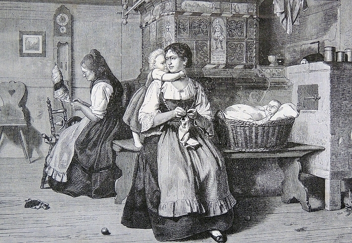 Domestic interior with three generations  Domestic interior with three generations round a stove. Grandmother spinning wood, daughter knitting on four needles while baby sleeps and toddler plays. Northern Europe, Engraving, 1892.