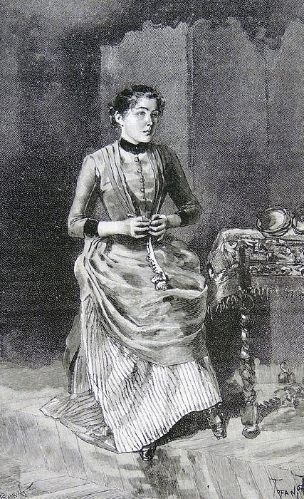 Young woman working on a piece of crochet. Young woman working on a piece of crochet. Engraving, Paris, 1888