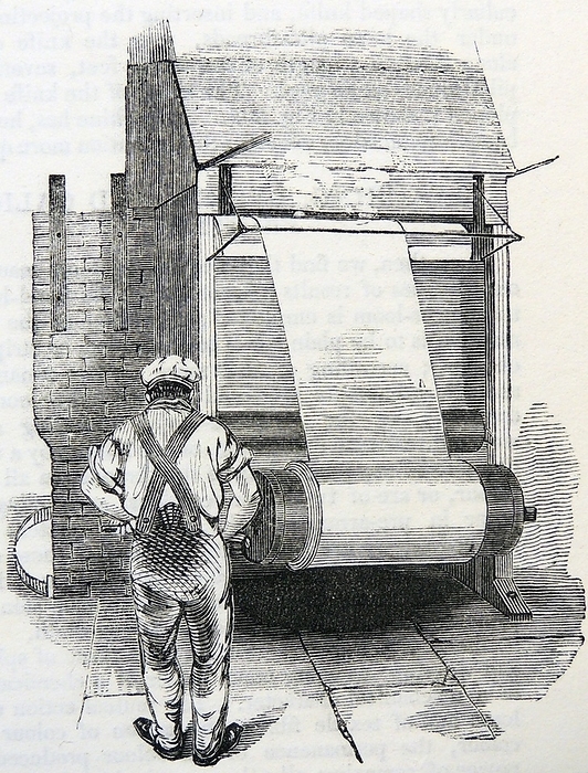 Singeing a length of cotton cloth Singeing a length of cotton cloth to remove any hairy wisps and leave a smooth surface before bleaching, Thomas Hipoyle   Sons, Dunkinfield, Near Manchester, England. Engraving, London, 1843.