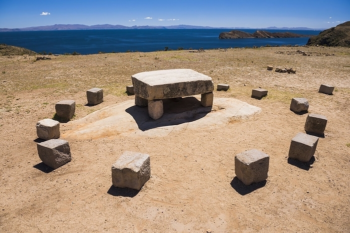 Ritual table at Chincana Ruins, Inca ruins on Isla del Sol  Island of the Sun , Lake Titicaca, Bolivia Ritual table at Chincana Ruins, Inca ruins on Isla del Sol, Island of the Sun, Lake Titicaca, Bolivia, South America