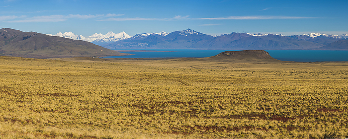 Lago Argentino and Patagonian steppe landscape, El Calafate, Patagonia, Argentina Lago Argentino Lake, Patagonian steppe landscape and Andes Mountains, El Calafate, Patagonia, Argentina, South America