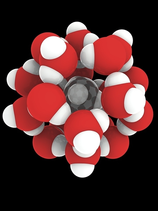 Methane hydrate, molecular model Methane hydrate, molecular model. Methane hydrate consists of a molecule of methane  grey and white, centre , surrounded by a cage of water molecules  red and white . The whole structure is known as a clathrate. It is found in the very cold and high pressure environments under the arctic permafrost and in marine sediments, where it forms a crystalline solid. It is thought there is approximately 3000 times the volume of methane in hydrates than in the atmosphere, making it a huge potential energy source., Photo by RAMON ANDRADE 3DCIENCIA SCIENCE PHOTO LIBRARY
