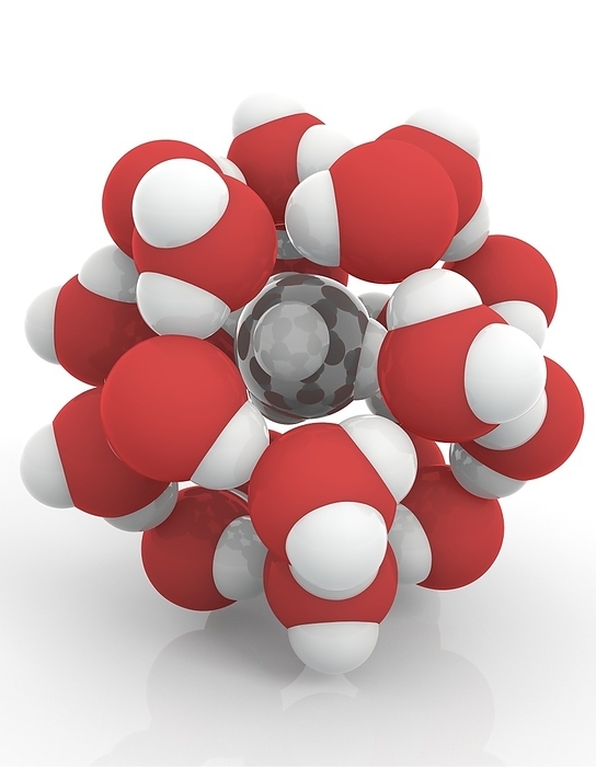 Methane hydrate, molecular model Methane hydrate, molecular model. Methane hydrate consists of a molecule of methane  grey, centre , surrounded by a cage of water molecules  red and white . The whole structure is known as a clathrate. It is found in the very cold and high pressure environments under the arctic permafrost and in marine sediments, where it forms a crystalline solid. It is thought there is approximately 3000 times the volume of methane in hydrates than in the atmosphere, making it a huge potential energy source., Photo by RAMON ANDRADE 3DCIENCIA SCIENCE PHOTO LIBRARY