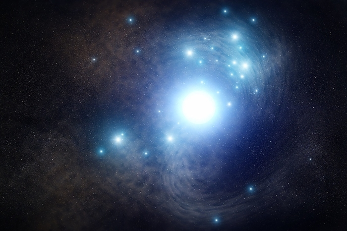 Blue supergiant star, illustration Blue supergiant star, illustration. This blue supergiant star once existed inside a cluster of young stars in the spiral galaxy NGC 3938. This galaxy is located 65 million light years from earth. In 2017, this star exploded as a supernova and was named SN 2017EIN. SN 2017EIN was categorised as a Type Ic supernova because of the lack of hydrogen and helium in the supernova s spectrum. Using archival Hubble Space Telescope photos from 2007, astronomers were able to locate the star before it exploded. The star may have been as massive as 50 suns and burned hotter and bluer. , Photo by NASA, ESA and J. Olmsted  STScI  SCIENCE PHOTO LIBRARY