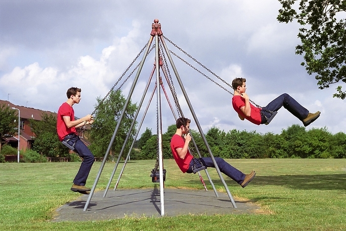 Simple harmonic motion of an object A boy on a swing   for small angles the swing moves with simple harmonic motion. Starting at the point where the swing passes through the equilibrium point measurements of displacement, velocity and acceleration can be made and graphed., Photo by MARTYN F. CHILLMAID SCIENCE PHOTO LIBRARY