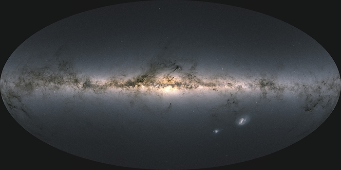 Milky Way, all sky Gaia image Milky Way, all sky Gaia image. Based on the measurements of the positions of more than 1.8 billion stars, this map shows the total brightness and colour of stars observed by the European Space Agency s Gaia spacecraft in each portion of the sky. Brighter regions indicate denser concentrations of especially bright stars, while darker regions correspond to patches of the sky where fewer bright stars are observed. The bright horizontal structure that dominates the image is the galactic plane. Darker regions correspond to foreground clouds of interstellar gas and dust, where new generations of stars are being born. The two bright objects at lower right are the Large and Small Magellanic Clouds, two dwarf galaxies orbiting the Milky Way. Image published in 2020.  , Photo by EUROPEAN SPACE AGENCY Gaia DPAC SCIENCE PHOTO LIBRARY
