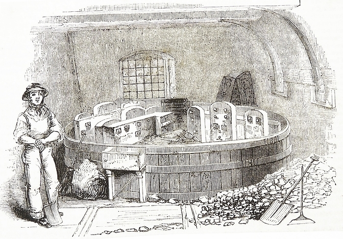 Grinding calcined and crushed flint placed in a tank of water and ground until the consistency of cream ready for use in pottery manufacture, Staffordshire, England. Engraving, 1843.  Grinding calcined and crushed flint placed in a tank of water and ground until the consistency of cream ready for use in pottery manufacture, Staffordshire, England. Engraving, 1843. 