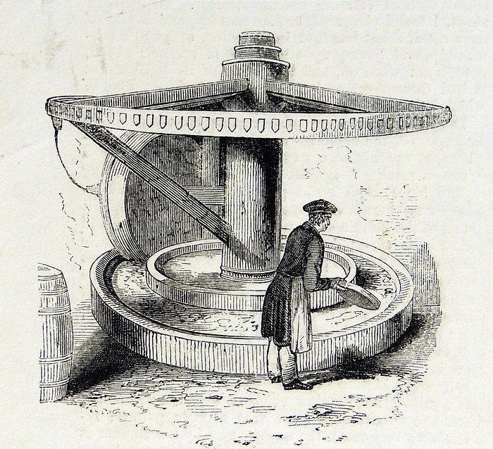 Grinding  crushed flint and clay to the correct consistency of cream in pottery manufacture, Staffordshire Grinding  crushed flint and clay to the correct consistency of cream in pottery manufacture, Staffordshire, England. Engraving, London, c1851. 