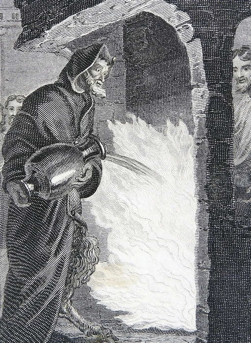 The Devil, in hooded cloak to hide his horns and cloven hooves The Devil, in hooded cloak to hide his horns and cloven hooves, trying to extinguish the cleansing fire of Grace. Illustration by William Marshall Craig  c1765 c1834  from an 1832 edition of the Christian allegory   The Pilgrim s  Progress   by John Bunyan first published in 1678.