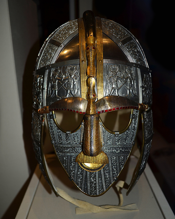  Replica of Sutton Hoo  ship burial helmet 7th Century.   Replica of Sutton Hoo  ship burial helmet 7th Century. The panels are decorated with interlacing Germanic Style II animal ornament and heroic scenes and motifs. 