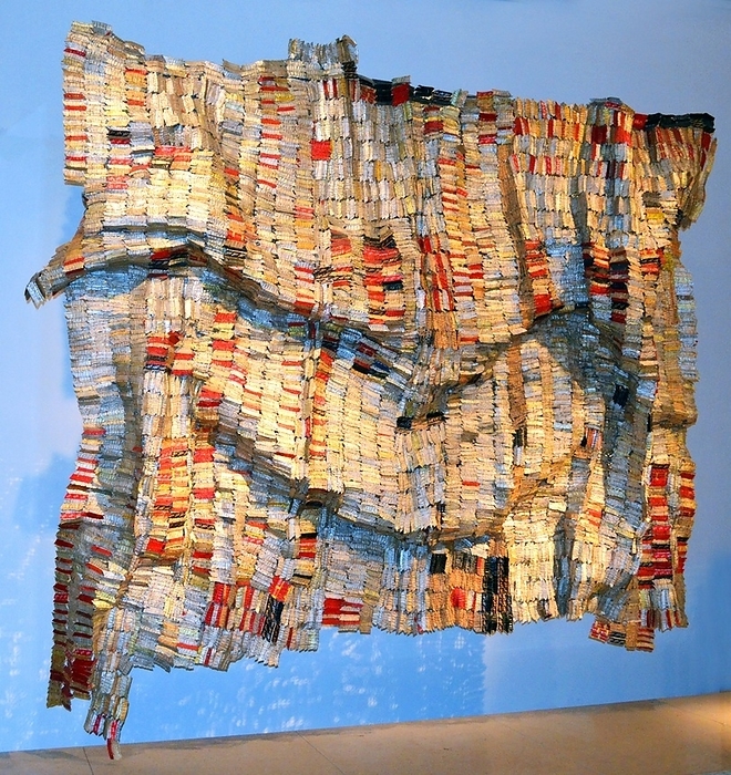 Man s Cloth 2000.  Man s Cloth 2000. Created from recycled metal foil bottle neck wrappers and copper wire. Created by El Anastsui, Ghana. 