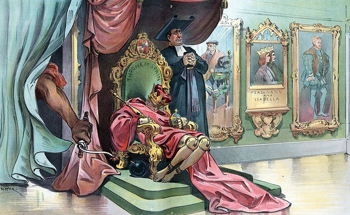 This will be an internal explosion bu Udo Keppler, 1872 1956, artist 1898. Print shows the child king Alfonso XIII as a wooden puppet This will be an internal explosion bu Udo Keppler, 1872 1956, artist 1898. Print shows the child king Alfonso XIII as a wooden puppet slumped over on the  Throne of Spain  with a clergyman standing next to him, and on the walls to the right are portrait paintings of  Charles V, Ferdinand and Isabella,  and  Philip II . On the left, an arm labelled  Home Riots  reaches through the curtains with a torch to ignite a bomb labelled  Anarchy  next to the throne.