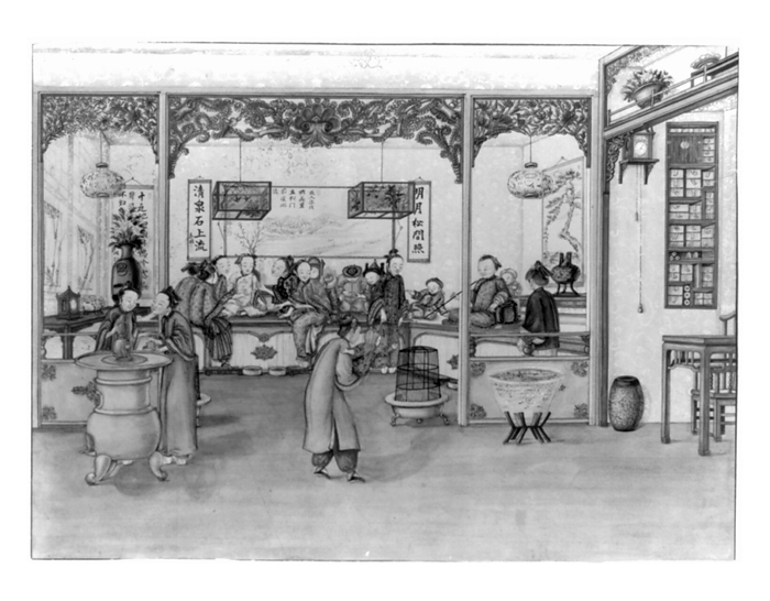 Celebration in a Chinese inn or public house circa 1900. Celebration in a Chinese inn or public house circa 1900. Drawing shows a celebration in progress to pay homage to the woman seated at the right in a public house with ornate interior and showing western influences, with stove, charcoal burner, and wall clock next to shelves, and a  kang  or raised heated bench for sitting.