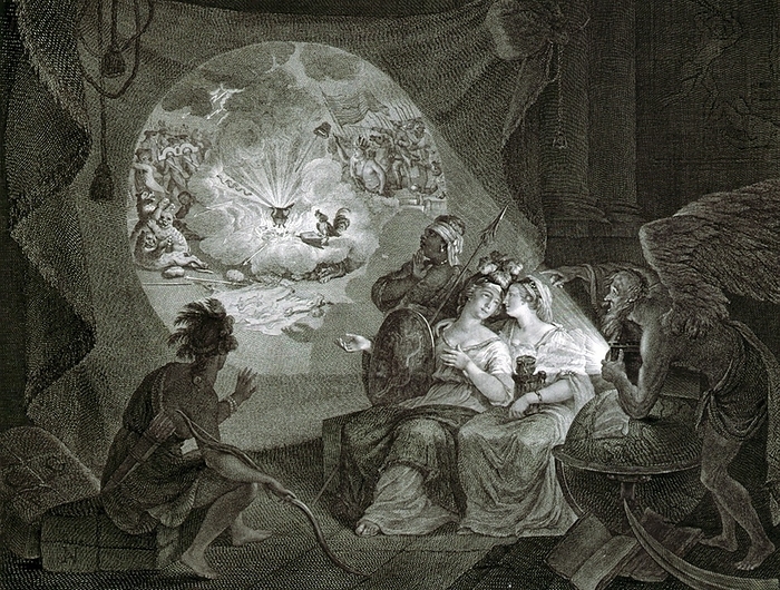 satire on the American Revolution, showing Father Time using a magic lantern to project the image of a teapot exploding among frightened British troops The tea tax tempest, or the Anglo American revolution by Carl Guttenberg, 1743 1790, engraver. Published:  Germany , 1778. A satire expressing a Continental European view of the American Revolution, showing Father Time using a magic lantern to project the image of a teapot exploding among frightened British troops as American troops advance through the smoke. In the midst of the smoke is a  Gallic cock  seated on a bellows fanning the flames beneath the teapot. Figures representing world opinion look on: an Indian for America, a black woman representing Africa, a woman holding a lantern symbolizing Asia, and a woman bearing a shield for Europe.