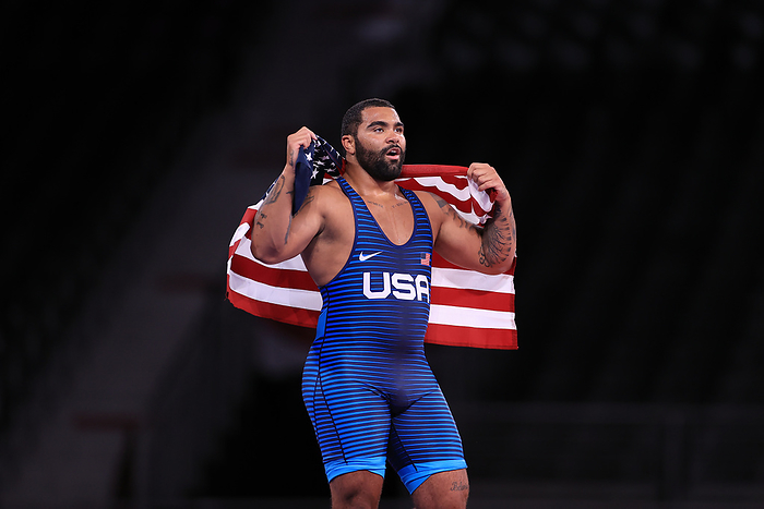 Tokyo Olympic Games 2020   Wrestling Gable Dan STEVESON  USA   blue  celebrates victory with the flag of the United States in the Wrestling : Men s Freestyle 125kg Final during the Tokyo 2020 Olympic Games at Makuhari Messe Hall A on August 6, 2021 in Chiba, Japan.  Photo by AFLO SPORT 