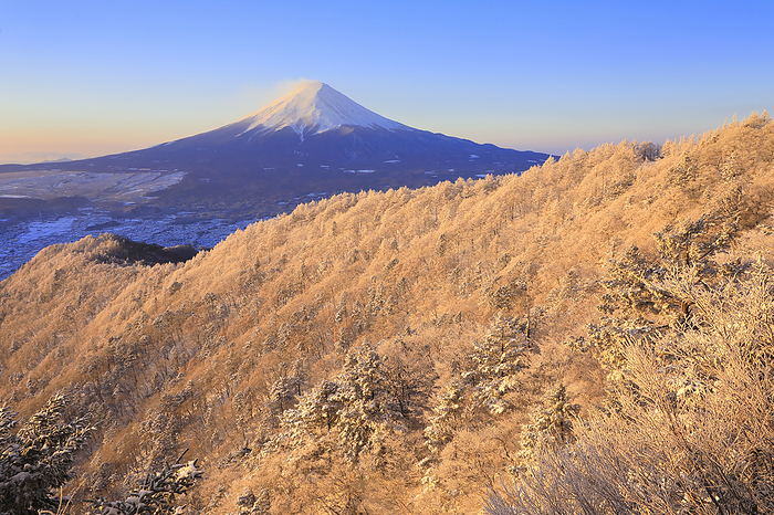 Morning glow and snowy landscape of Mt. Fuji Yamanashi Pref.