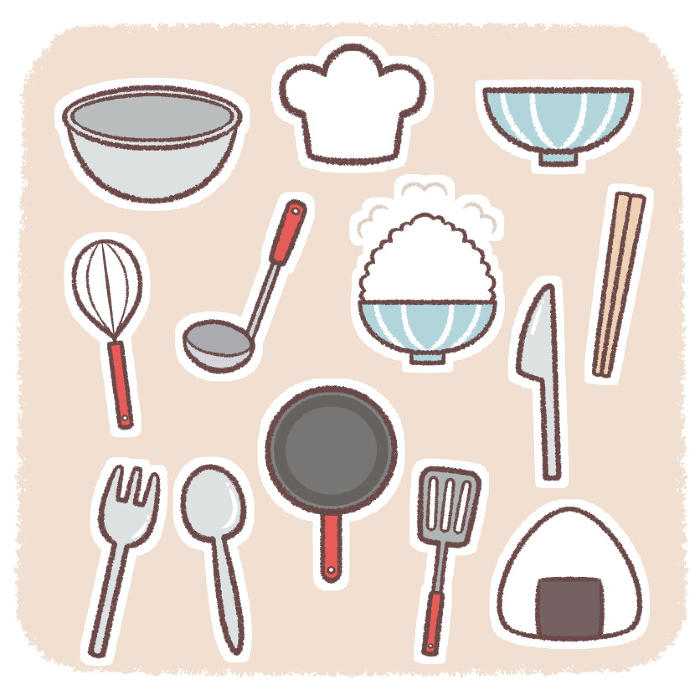 Cooking utensils and rice set with colored background