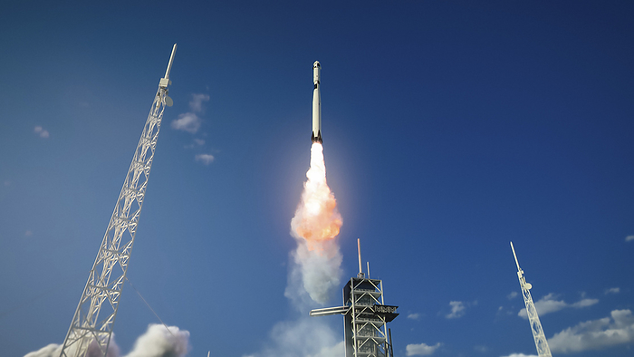 Rocket lifting off from launch pad, illustration Rocket lifting off from launch pad, illustration., by GORODENKOFF PRODUCTIONS SCIENCE PHOTO LIBRARY