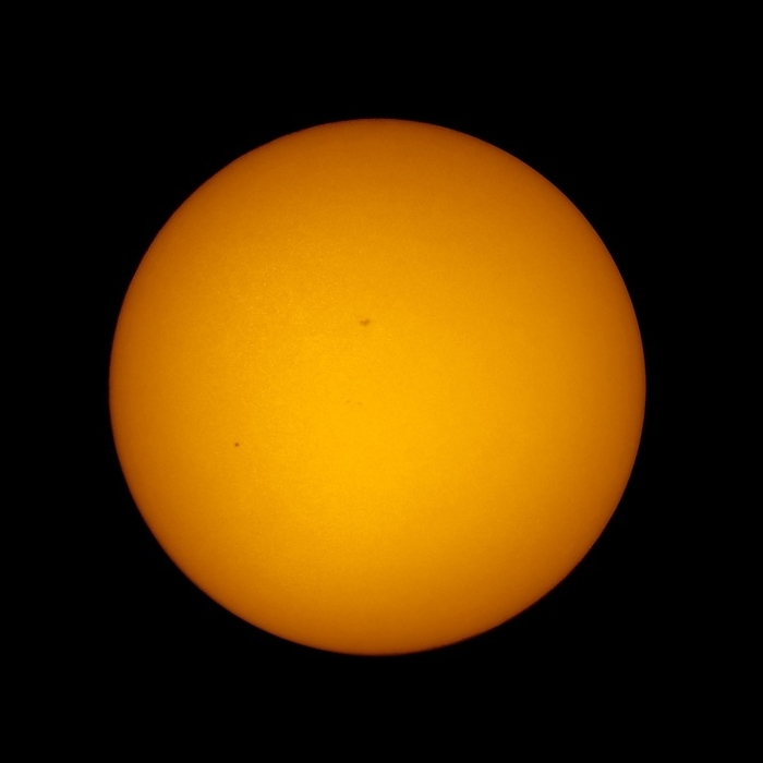 Mercury s transit of the Sun, 2016 Mercury s transit of the Sun. The Sun with the planet Mercury seen in silhouette  small dot at left  as it transits across the solar disc on 9 May 2016. Mercury transits are visible from Earth only about thirteen times a century, with the previous transit taking place in 2006 and the next in 2019. The 2016 transit occurred between 11:12 and 18:42 UTC on 9 May 2016. Mercury is the innermost planet of the solar system and is 58 million kilometres  km  from the Sun. It is 6786 km in diameter compared to the Sun which is approximately 860,000 km in diameter., Photo by DETLEV VAN RAVENSWAAY SCIENCE PHOTO LIBRARY