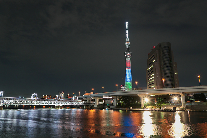 2020 Tokyo Paralympics General view, AUGUST 24, 2021 : Tokyo Skytree is illuminated with the Paralympic symbol colors in Tokyo, Japan.   Photo by AFLO SPORT 