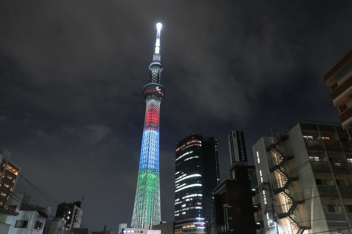 2020 Tokyo Paralympics General view, AUGUST 24, 2021 : Tokyo Skytree is illuminated with the Paralympic symbol colors in Tokyo, Japan.   Photo by AFLO SPORT 