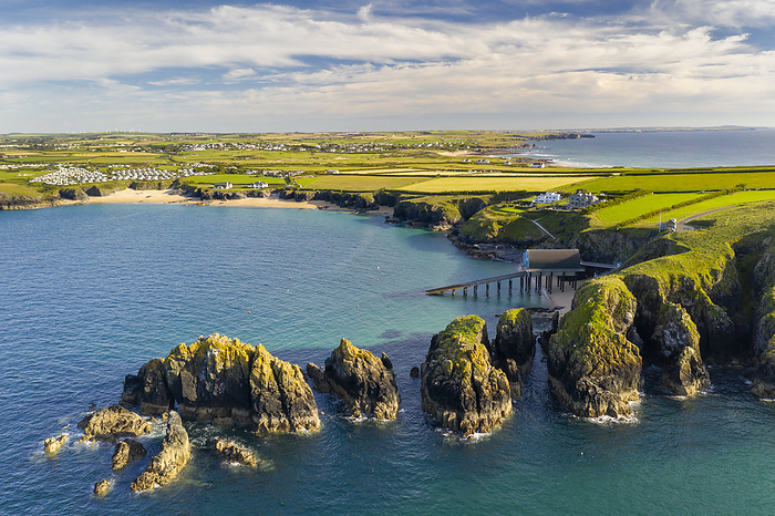 Cornwall, United Kingdom Aerial vista of Merope Rocks, Padstow Lifeboat Station and Mother Ivey s Bay, Cornwall, England, United Kingdom, Europe, Photo by Adam Burton