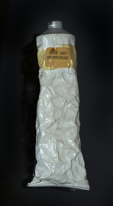 Beef and vegetables space food, Mercury Friendship 7 mission, 1962. Creator: Unknown. Beef and vegetables space food, Mercury Friendship 7 mission, 1962. This space food package contains pureed beef with vegetables and was issued to astronaut John Glenn for consumption during his Friendship 7 flight in February 1962. Spacefood for the Mercury missions was placed in tube form to enable the astronaut to squeeze it directly into his mouth. In the later Gemini and Apollo missions, food was dehydrated requiring rehydration with hot water and could be eaten directly from the plastic storage bag. Transferred to the national Air and Space Museum from NASA in 1967.