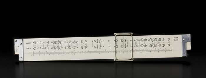 Chemical slide rule owned by Sally Ride, ca. 1970. Creator: Keuffel  amp  Esser Co.. This chemical slide rule used for determining the mass of atoms and molecules belonged to Dr. Sally K. Ride. Before pocket sized electronic calculators became available in the 1970s, slide rules were used as an aid to complex mathematical operations. Ride used this device as a university student. Sally Ride became the first American woman in space when she flew on the STS 7 shuttle mission in 1983.
