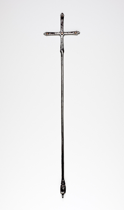 Hand cross, 15th century. Creator: Unknown. Light weight, smooth iron, slender cross with copper inlay spots at the arm ends. A tabot in open box form is at the base of the vertical portion.