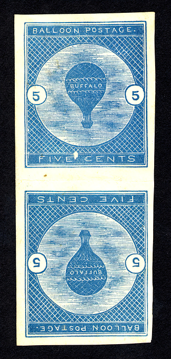 5c Buffalo Balloon imperforate vertical pair, 1877. Creator: Unknown. 5c Buffalo Balloon imperforate vertical pair, 1877. Perhaps the most enigmatic of all American stamps, the Buffalo balloon stamp is certainly among the premier rarities in aerophilately. Since it was privately issued for use with a standard U.S. postal service 3 cent stamp to pay for air handling of a mailed piece, it was  if one includes both private and government issues  the world  x2019 s first airmail stamp. The stamp is an accurate representation of the enormous 92,000 cubic foot   x201c Buffalo  x201d  balloon of Professor Samuel Archer King  1828 1914 , and was designed by John B. Lillard, a clerk in the Wheeler firm and a passenger on the great flight. Interestingly, the engraver of the stamp was John H. Snively, a scientist who provided apparatus for experiments on the flight. The stamps were printed tete beche format  x2014 that is, they are shown right side up and upside down below on one sheet. It is likely that in printing the stamp, one side was printed, and then the sheet was taken out and turned round and fed back in the press to produce a mirror image of the first row.