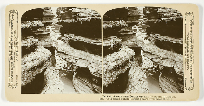 Cold Water Canon looking down from near the Jug, 1870 1908. Creator: Henry Hamilton Bennett. Cold Water Canon looking down from near the Jug, 1870 1908. Albumen print, stereo, no. 433 from the series  quot In and About the Dells of the Wisconsin River quot .