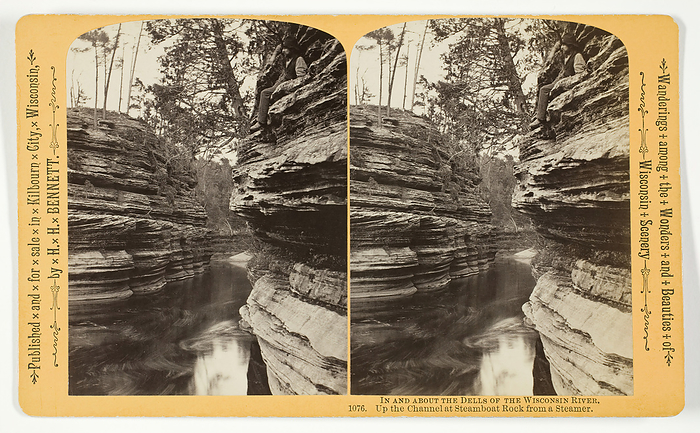Up the Channel at Steamboat Rock from a Steamer, 1870 1908. Creator: Henry Hamilton Bennett. Up the Channel at Steamboat Rock from a Steamer, 1870 1908. Albumen print, stereo, no. 1076 from the series  quot In and About the Dells of the Wisconsin River quot .