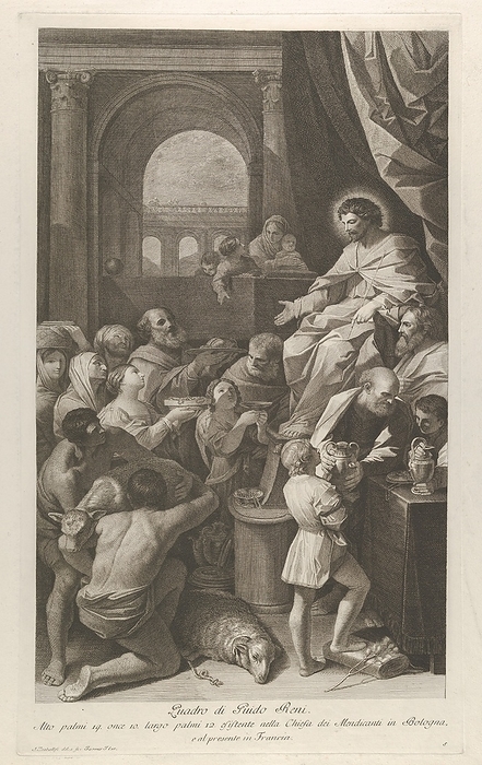 Saint Job seated at right receiving the gifts of the people..., ca. 1760 1800. Creator: Giuliano Traballesi. Saint Job seated at right receiving the gifts of the people, archway at left, after Reni, ca. 1760 1800.