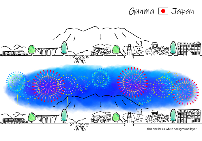 Simple line drawing set of a cityscape and fireworks at a sightseeing spot in Gunma Prefecture