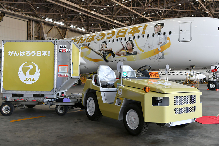 JAL s third  Everybody s JAL2020 Jet  with a gold  Tsuru maru  logo on its vertical tail Gold cargo container and towing tractor unveiled by JAL in a hangar at Haneda Airport, on July 20, 2021. PHOTO: Tadayuki YOSHIKAWA Aviation Wire