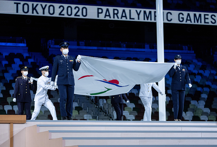 2020 Tokyo Paralympics Closing Ceremony  Courtesy photo  Members of the Japan Self Defense Forces carry the Paralympic flag from the Olympic Stadium during the Closing Ceremony for the Tokyo 2020 Paralympic Games in the Olympic Stadium, Tokyo, Japan, Sunday 05 September 2021. Photo: OIS Thomas Lovelock. Handout image supplied by OIS IOC COPYRIGHT OF OLYMPIC INFORMATION SERVICES. COMMERCIAL USE IS PROHIBITED.