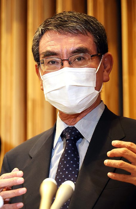 Japanese Administrative Minister Taro Kono speaks to reporters September 6, 2021, Tokyo, Japan   Japanese Administrative Reform Minister Taro Kono speaks to reporters for the forecast of COVID 19 vaccination at his office in Tokyo on Monday, September 6, 2021. Kono is expected to join the presidential election of the ruling Liberal Democratic Party  LDP .    Photo by Yoshio Tsunoda AFLO 