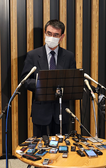 Japanese Administrative Minister Taro Kono speaks to reporters September 6, 2021, Tokyo, Japan   Japanese Administrative Reform Minister Taro Kono speaks to reporters for the forecast of COVID 19 vaccination at his office in Tokyo on Monday, September 6, 2021. Kono is expected to join the presidential election of the ruling Liberal Democratic Party  LDP .    Photo by Yoshio Tsunoda AFLO 