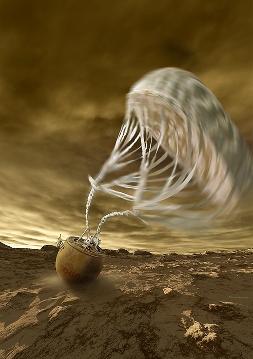 Venera 8 landing on Venus, illustration Illustration of the Venera 8 probe landing on the surface of Venus. This probe was launched by the USSR on 27th March 1972 and entered the Venusian atmosphere on 22nd July 1972. It survived on the planet, which has the hottest planetary surface in the solar system, with temperatures of nearly 500 degrees Celsius, for 50 minutes. During that time it measured the temperature and light levels on the surface, and conducted the first analysis of the surface rock., Photo by DETLEV VAN RAVENSWAAY SCIENCE PHOTO LIBRARY