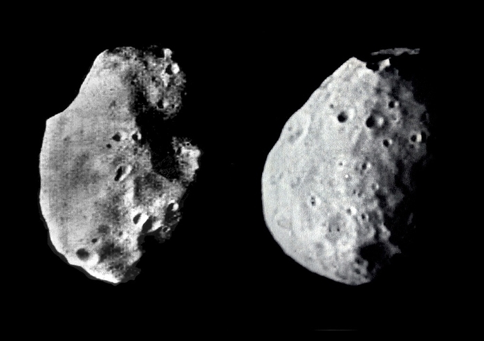 Phobos, Martian moon, satellite images Phobos. At left is the first ever image of Phobos, taken by NASA s Mariner 9 space orbiter in 1971. At right is the first image of the moon captured by the Viking 1 spacecraft on 25th July 1976. Phobos is the larger and innermost of the two Martian moons. An irregular shape, it measures 19 by 21 by 27 kilometres, and orbits some 6000 kilometres above the Martian surface, taking 7.6 hours to complete an orbit. Stickney Crater  top  is 10 kilometres across., Photo by NASA DETLEV VAN RAVENSWAAY SCIENCE PHOTO LIBRARY
