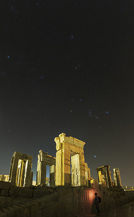Night sky over Persepolis, Shiraz, Iran Winter constellations, including Orion, Auriga, Canis Major and Taurus, over Tachara  Palace of Darius the Great  in Persepolis UNESCO world heritage site, near Shiraz, Iran. Persepolis, founded in in 518 B.C by Darius I, and was the capital of the Achaemenid Empire., Photo by AMIRREZA KAMKAR   SCIENCE PHOTO LIBRARY