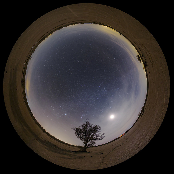 Night sky over desert, 360 degree view 360 degree all sky view  in fulldome projection  of winter constellation and Moon, as seen from a desert area in eastern Iran., Photo by AMIRREZA KAMKAR   SCIENCE PHOTO LIBRARY