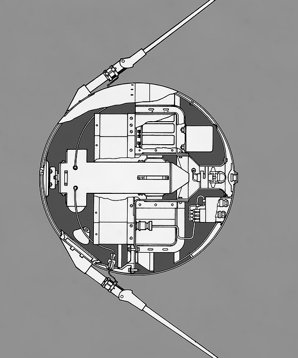 Sputnik 1, illustration Illustration of the interior of the Soviet satellite Sputnik 1. This spacecraft, the first ever spacecraft to reach Earth orbit, was launched on 4th October 1957 by the Soviet Union. It was a highly polished aluminium alloy sphere, 58 centimetres in diameter, with four long antennas attached to it. It transmitted radio signals back to Earth for a period of 23 days. Sputnik 1 burned up as it re entered Earth s atmosphere on 4th January 1958. The launch of Sputnik 1 took the USA by surprise, starting what became known as the Space Race between the USA and USSR., Photo by DETLEV VAN RAVENSWAAY SCIENCE PHOTO LIBRARY
