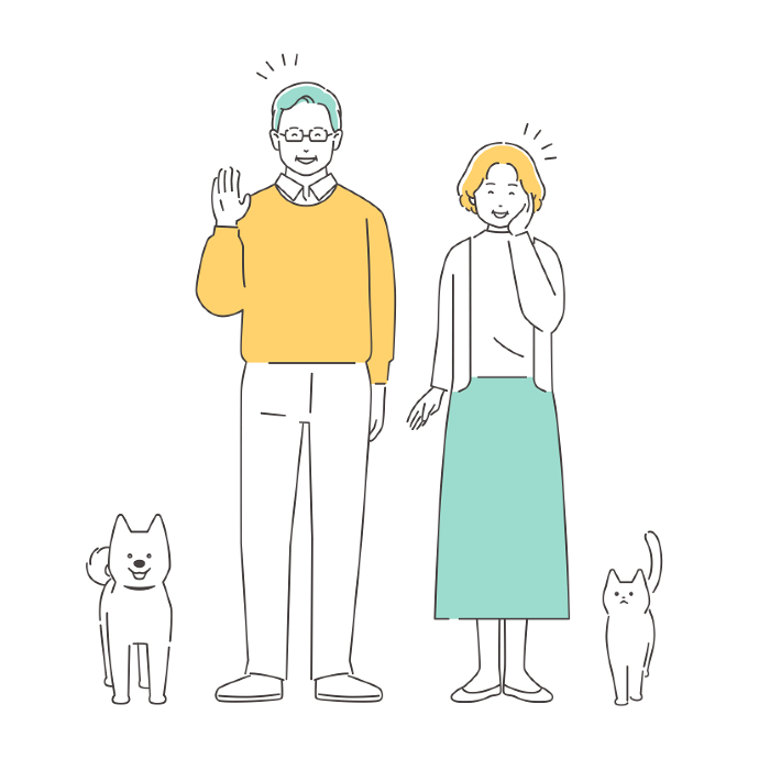 Family Smiling and waving senior couple, dog and cat Full Length