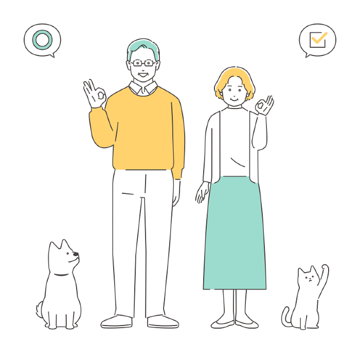 Family Copying Senior Couple, Dog and Cat Full Length