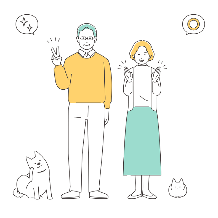 Family Positive Senior Couple with Dog and Cat Full Body