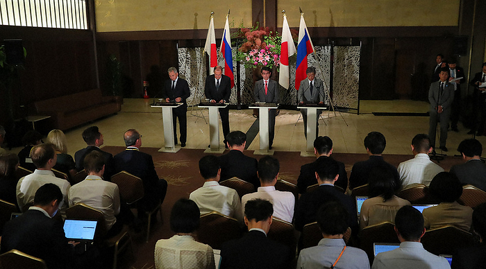 Japan Russia Ministerial Conference on Foreign Affairs and Defense Defense Minister Takeshi Iwaya, Foreign Minister Taro Kono, Russian Foreign Minister Lavrov, and Defense Minister Shoigu make a joint press statement after the Japan Russia Foreign and Defense Ministerial Meeting, at the Iikura diplomatic mission of the Foreign Ministry in Minato ku, Tokyo, May 30, 2019, 7:03 PM  photo by Naoaki Hasegawa