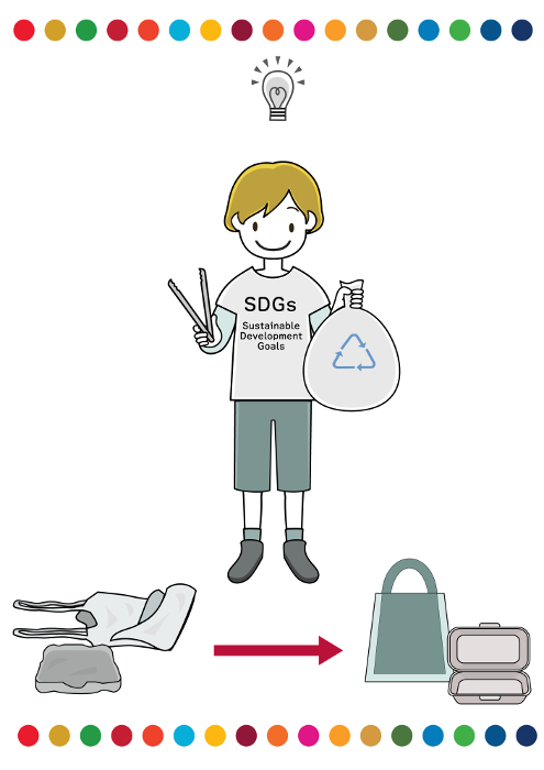 A boy volunteering to pick up trash while wearing an SDGs shirt (to inspire ideas for trash reduction, etc.)