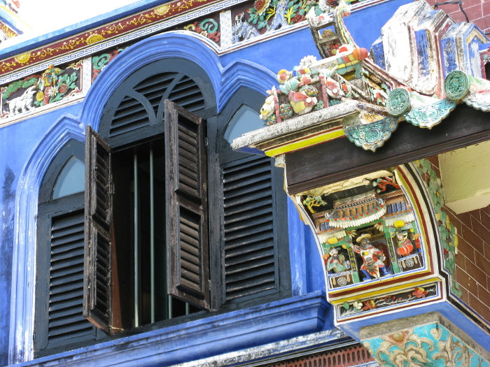 The bright indigo-blue brick doors of the Chong Fatshi Mansion in George Town, Penang Island.