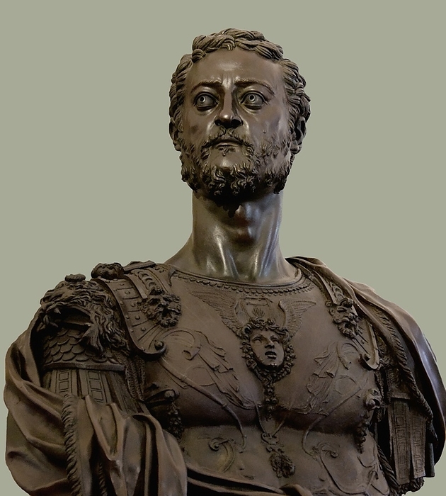 Bronze bust of Cosimo I de  Medici This bronze bust was the first work of Benvenuto Cellini  1500 1571 , the Renaissance mannerist sculptor, goldsmith, technical writer and author, to be commissioned by Cosimo I  1519 1574 , second Duke of Florence. He eventually became the first Grand Duke of Tuscany. Cosimo wanted to see whether Cellini would be able to produce a monumental metal bust similar to those of classical antiquity. It was created in 1546 1547, 110 cm in height, in bronze with some gilding. Cosimo is portrayed in an ancient Roman style cuirasse with much decoration. Between 1557 and 1781 it was mounted on the door of the fortress in Portoferraio on the Island of Elba. It is now located in the Bargello in Florence.